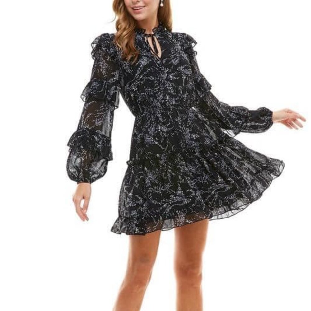 TCEC Dress Ruffle Tiered Black Floral Medium Romantic Weddings Date Night Travel